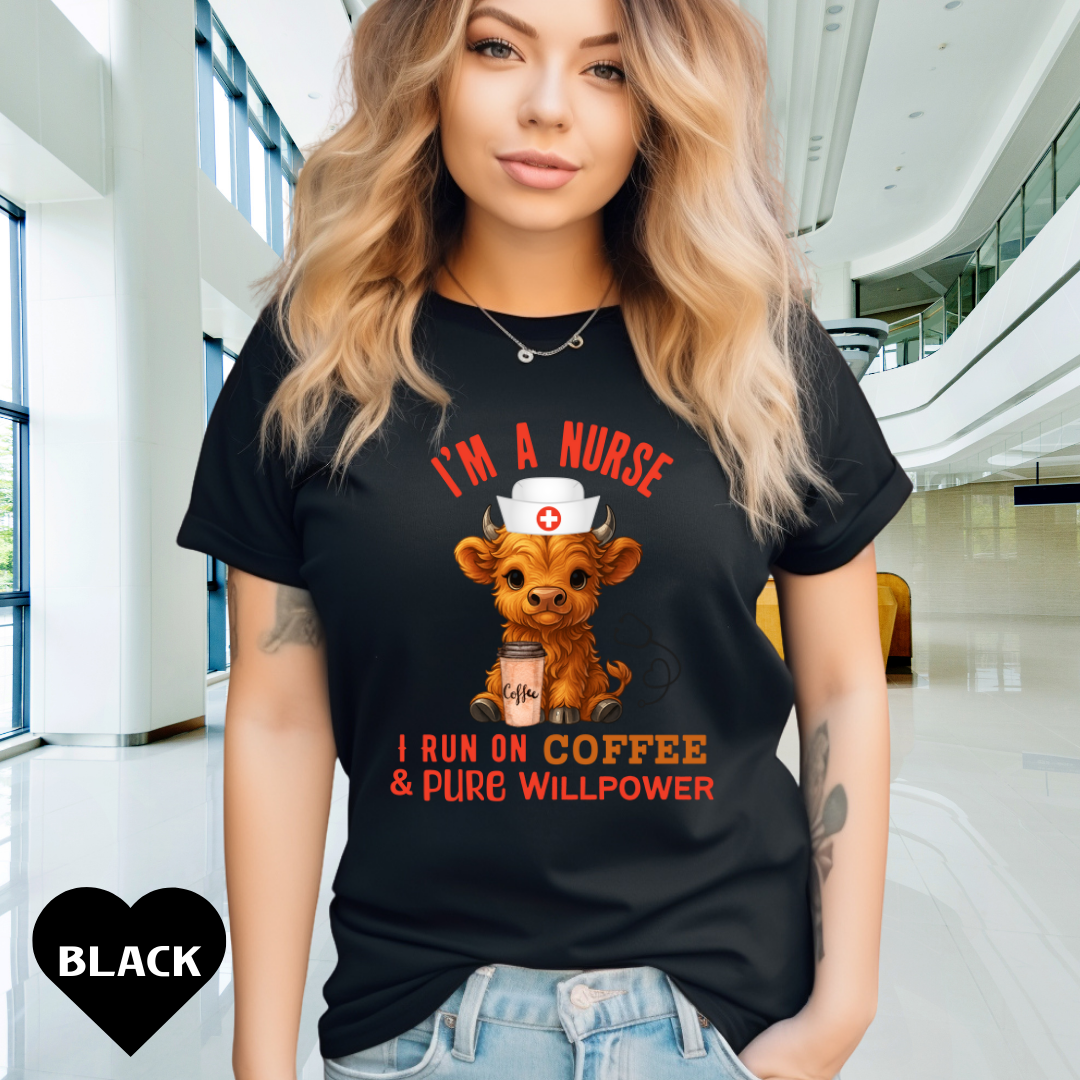 Comfort Colors Highland Cow Nurse T-Shirt I Run on Coffee & Pure Willpower