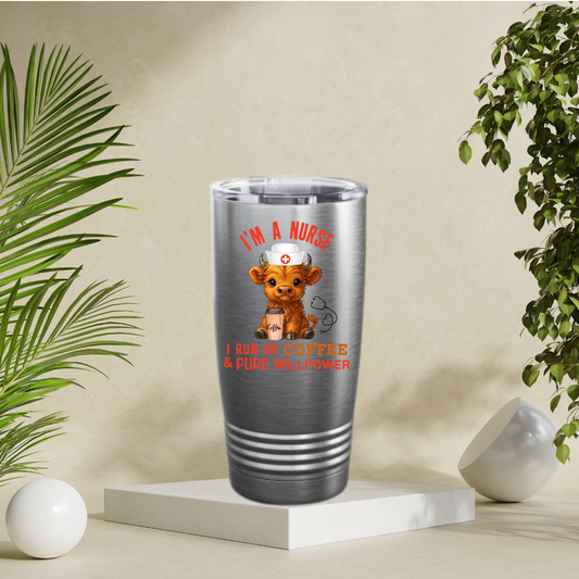 Highland Cow Tumbler I'm a Nurse, I run on Coffee and Pure Willpower 20oz Travel Mug
