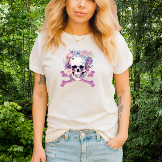 Gothic Floral Skull and Bones T-Shirt Vintage Boho Skull Watercolor Goth Graphic Tee Floral Skull Tee with Fly