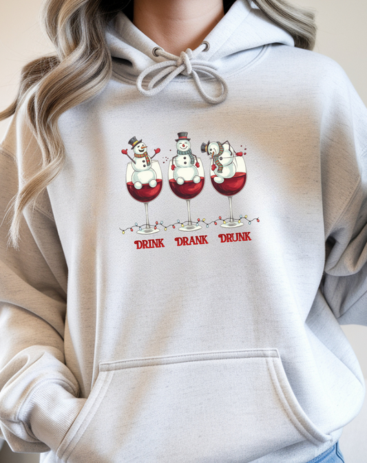 Wine Snowmen Hoodie - "Drink, Drank, Drunk" Holiday Sweatshirt