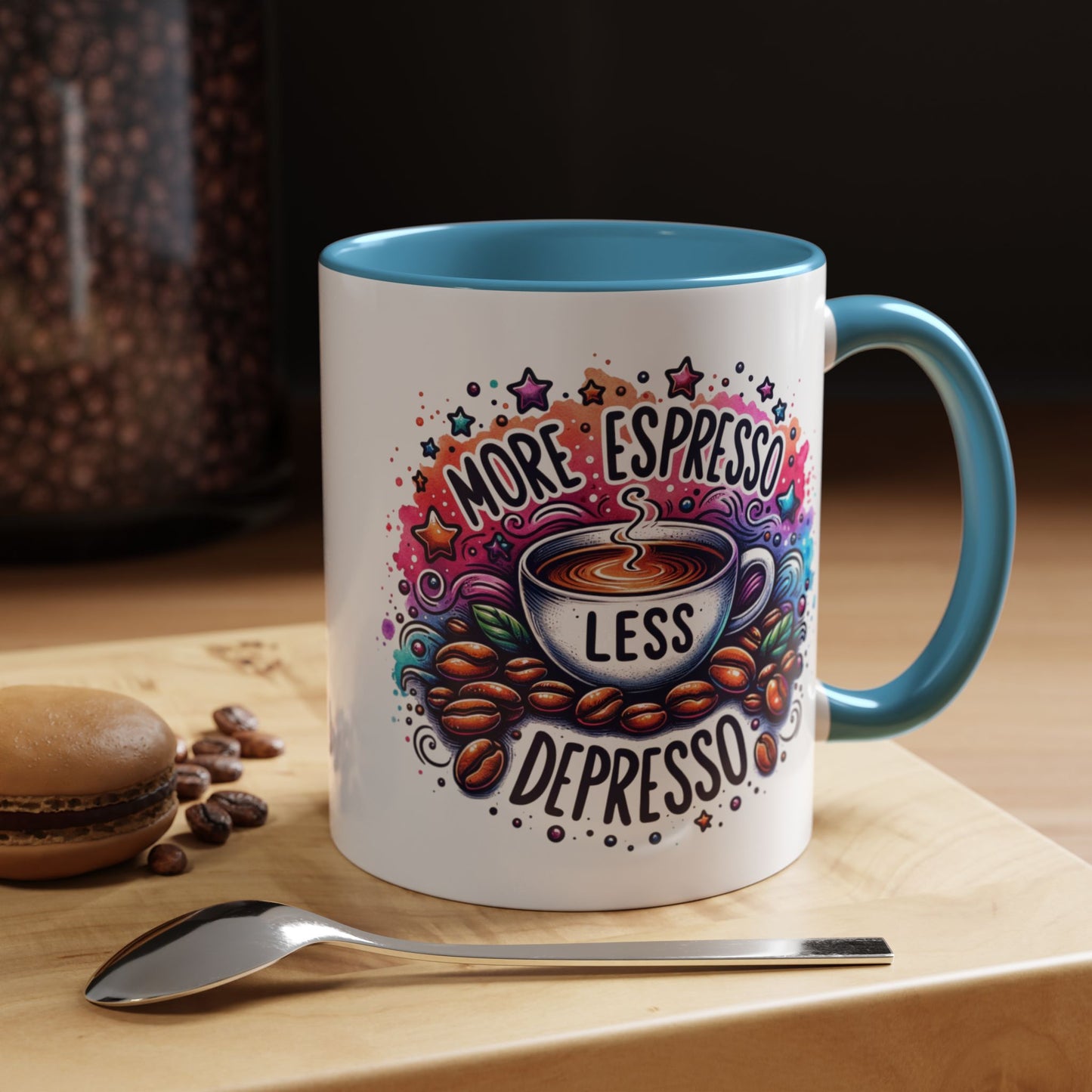 Cute Coffee Mug More Expresso Less Depresso 11 oz and 15 oz Mug with Accent Colors