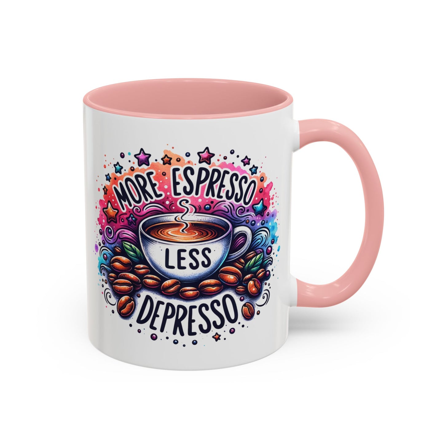 Cute Coffee Mug More Expresso Less Depresso 11 oz and 15 oz Mug with Accent Colors