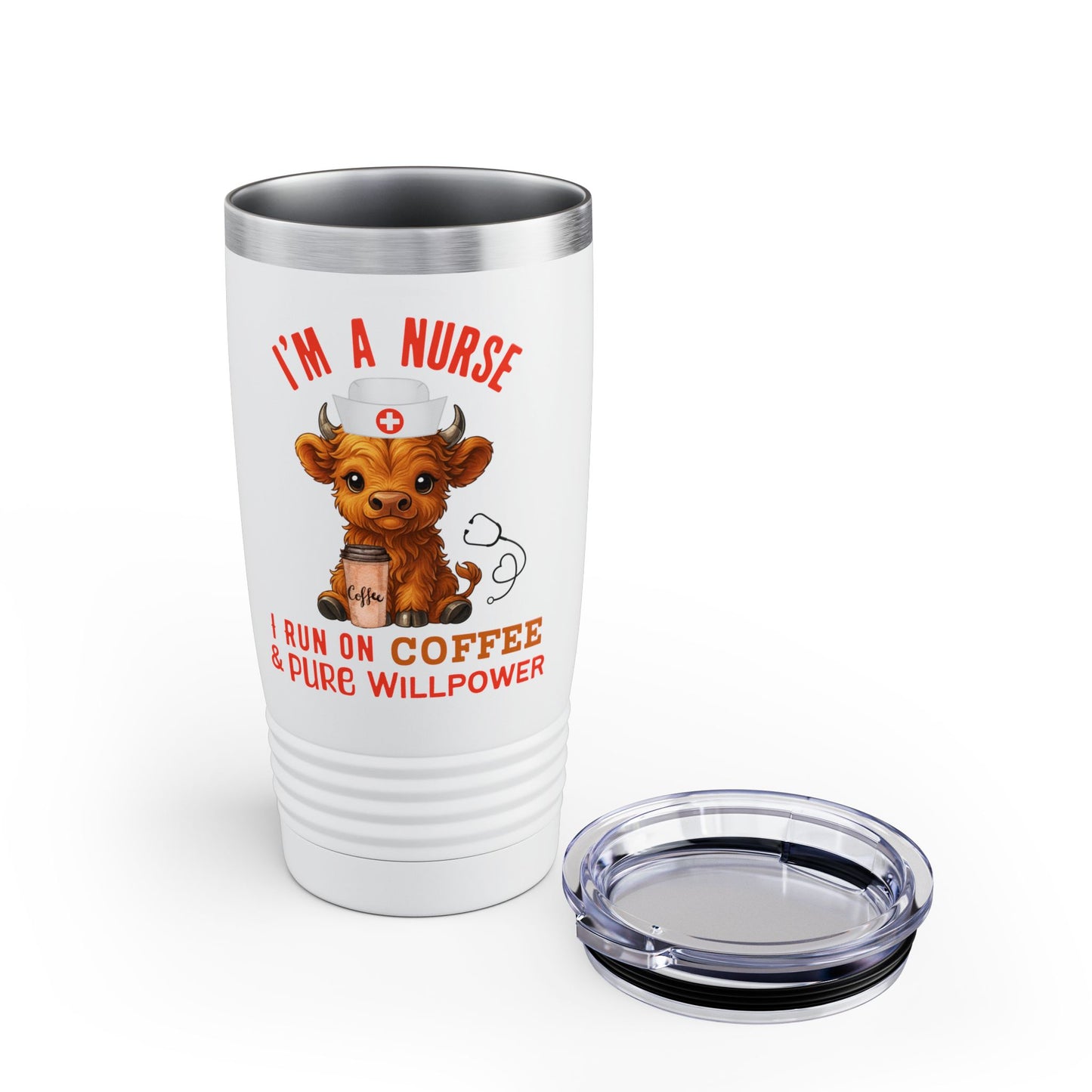 Highland Cow Tumbler I'm a Nurse, I run on Coffee and Pure Willpower 20oz Travel Mug