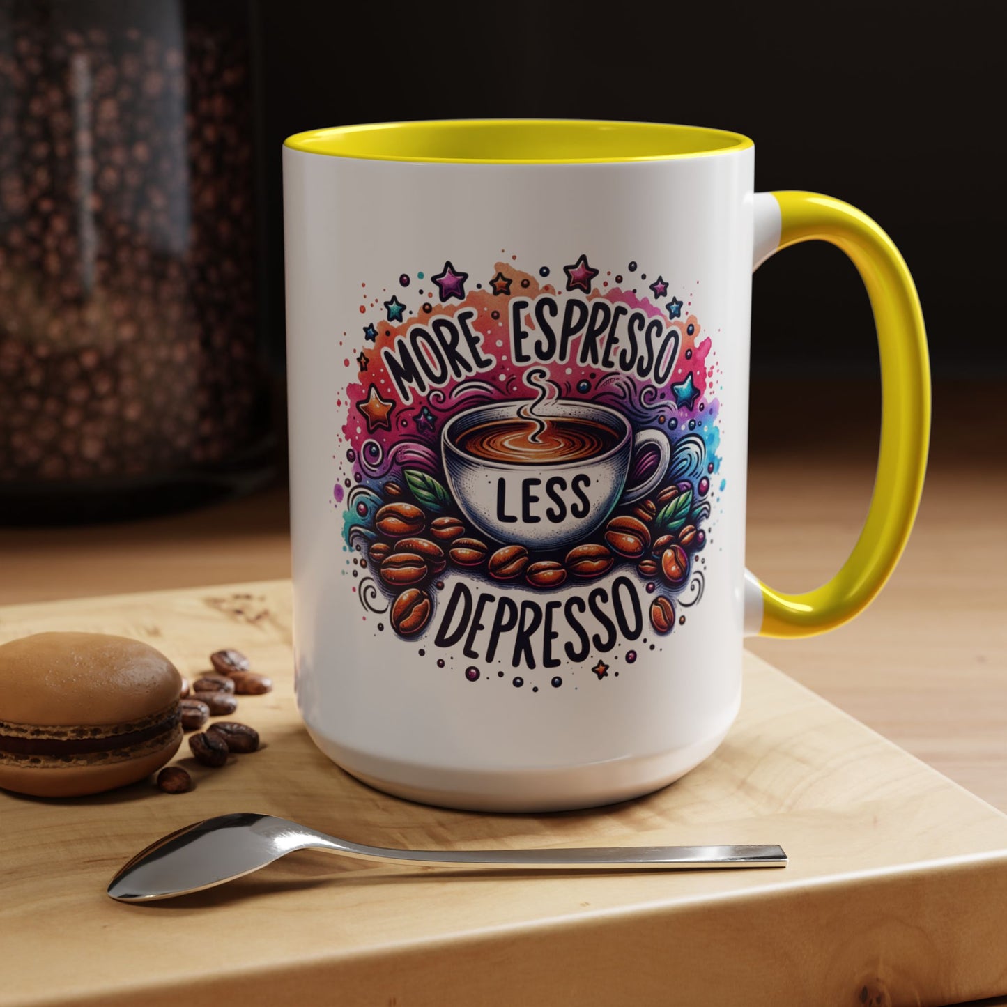 Cute Coffee Mug More Expresso Less Depresso 11 oz and 15 oz Mug with Accent Colors
