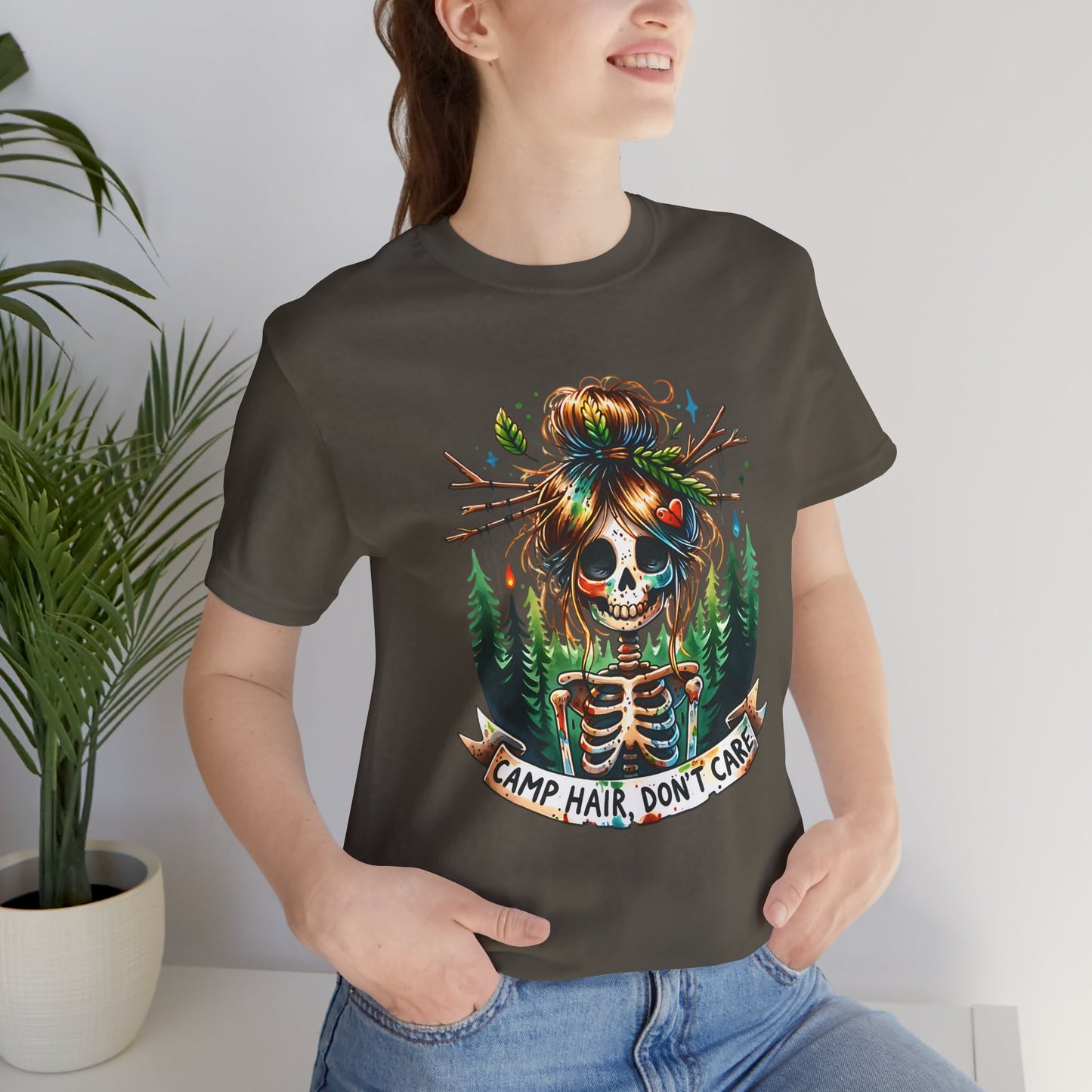 Camp Hair Don't Care Skull T-Shirt, Casual Summer Shirt, Hiking Apparel, Outdoor Fun Gift, Festival Top, Unisex Graphic Tee