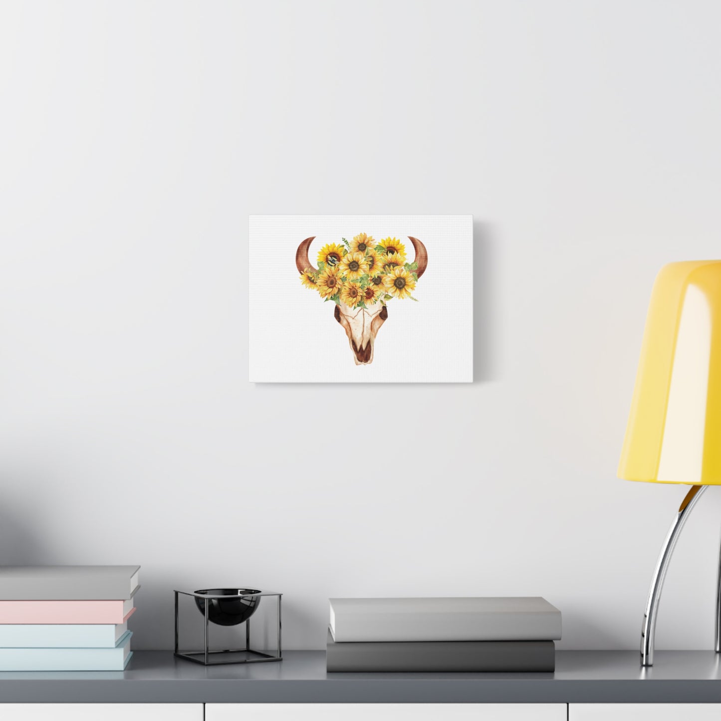 Rustic Bull Skull with Sunflowers Floral Wall Art Canvas Print, Country Home Decor, Cow Skull with Sunflowers, Southwestern Style, Bohemian Wall Hanging