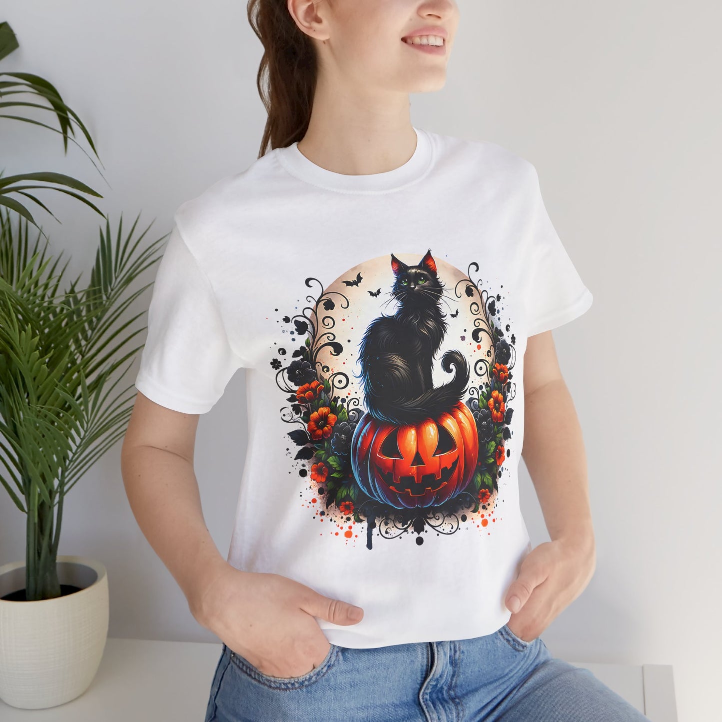 Halloween Black Cat T-Shirt, Unisex Jersey Short Sleeve Shirt, Spooky Fall Fashion, Cat Lover Gift, Autumn Celebrations, Halloween Shirt