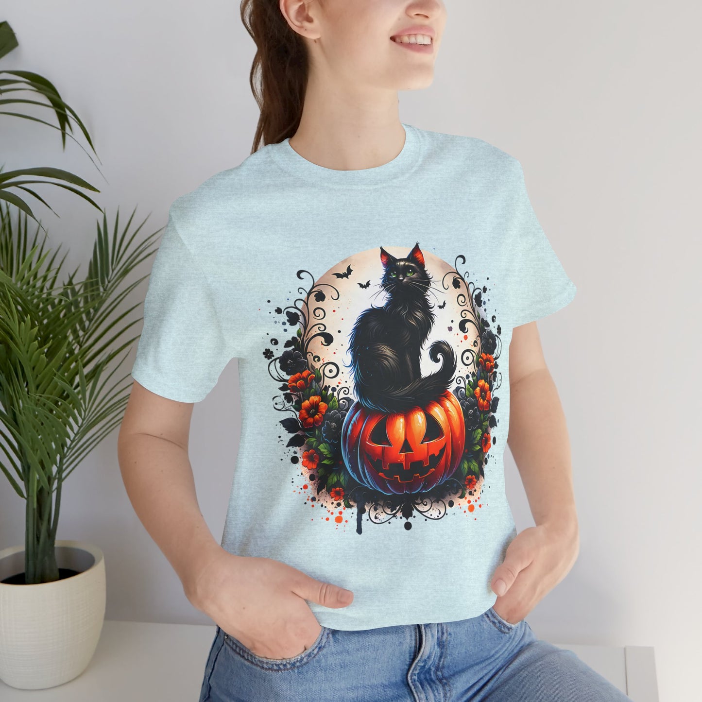 Halloween Black Cat T-Shirt, Unisex Jersey Short Sleeve Shirt, Spooky Fall Fashion, Cat Lover Gift, Autumn Celebrations, Halloween Shirt