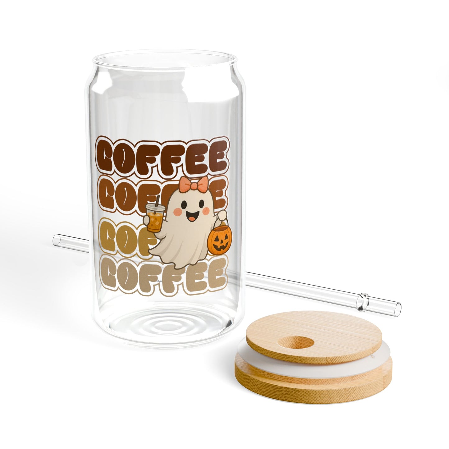 Cute Ghost Coffee Sipper Glass 16oz, Halloween Drinkware Reusable Beverage Jar Unique Gift Home Decor