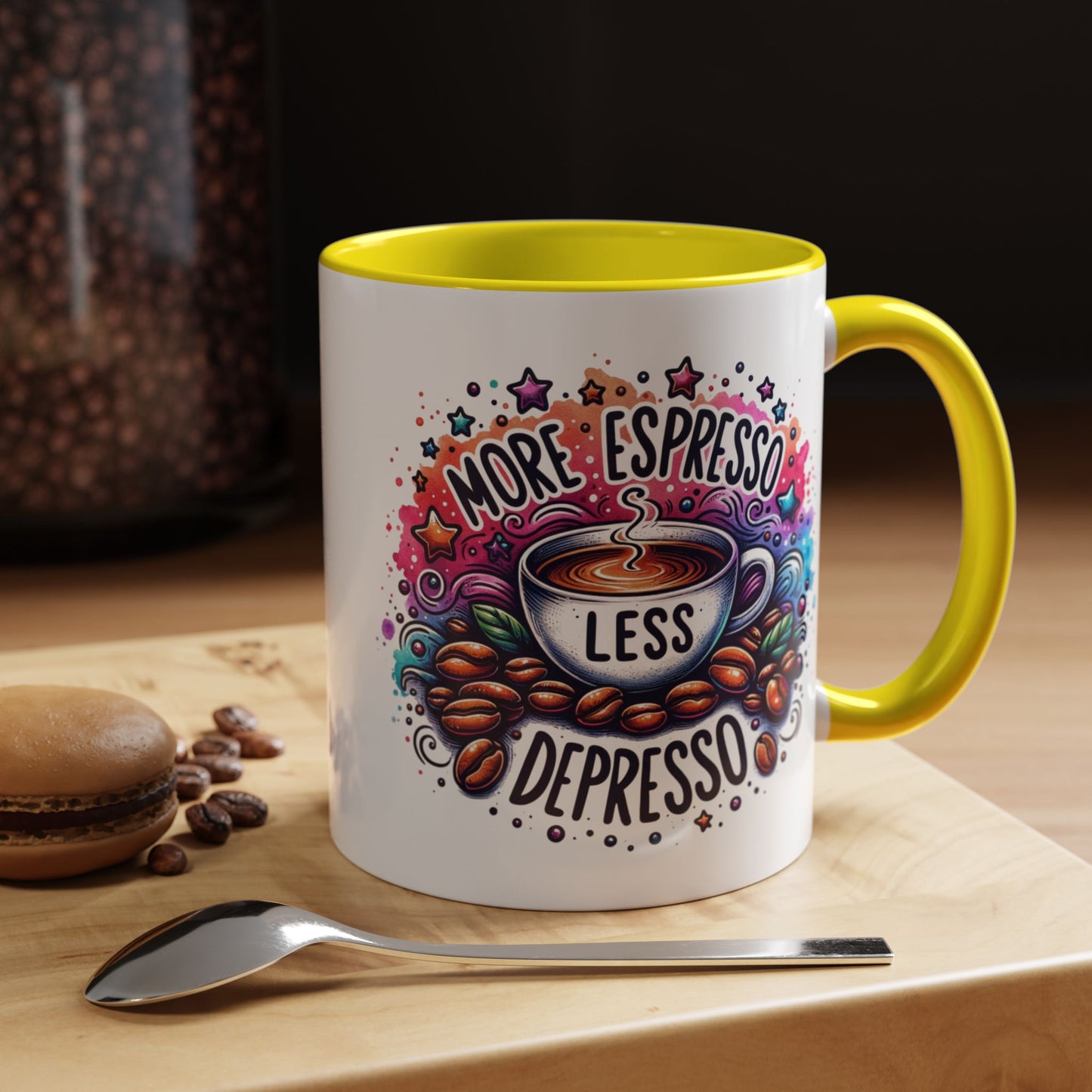 Cute Coffee Mug More Expresso Less Depresso 11 oz and 15 oz Mug with Accent Colors