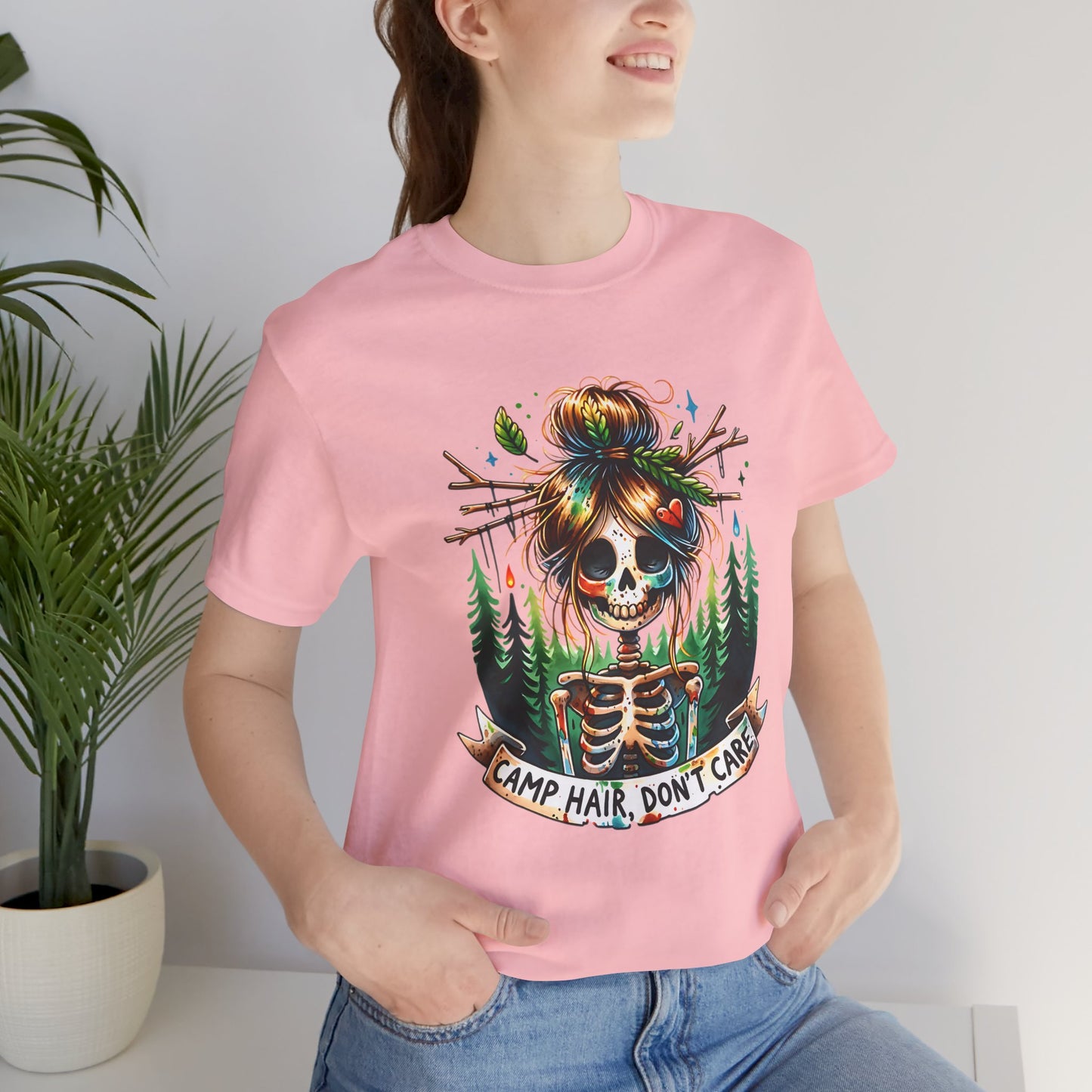 Camp Hair Don't Care Skull T-Shirt, Casual Summer Shirt, Hiking Apparel, Outdoor Fun Gift, Festival Top, Unisex Graphic Tee