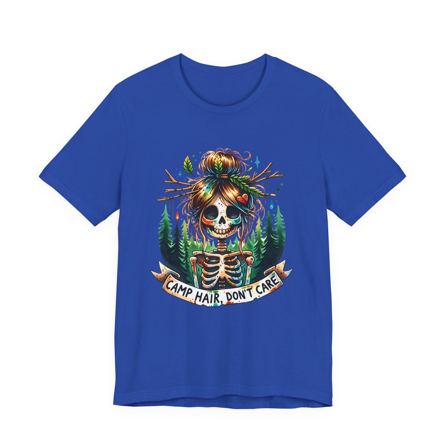 Camp Hair Don't Care Skull T-Shirt, Casual Summer Shirt, Hiking Apparel, Outdoor Fun Gift, Festival Top, Unisex Graphic Tee