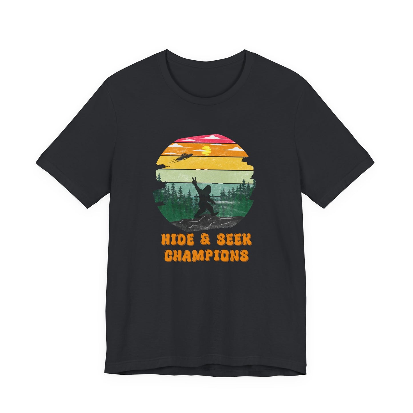 Retro Bigfoot T-Shirt Funny Hide and Seek Champion Graphic Tee Sasquatch Silhouette Sunset Forest Shirt Vintage Cryptid Lover Gift