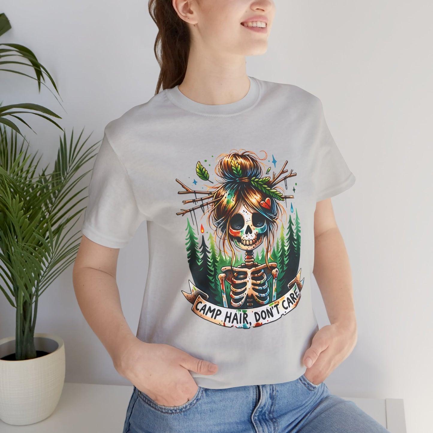 Camp Hair Don't Care Skull T-Shirt, Casual Summer Shirt, Hiking Apparel, Outdoor Fun Gift, Festival Top, Unisex Graphic Tee