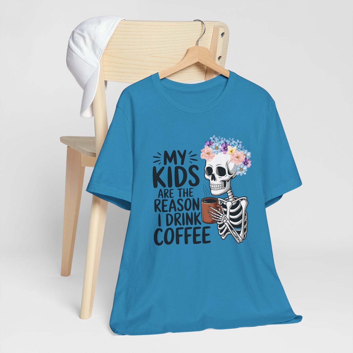Floral Skeleton Mom Tee Funny Mom Life Graphic My Kids Are The Reason I Drink Coffee Colorful Flower Crown Skull T-Shirt
