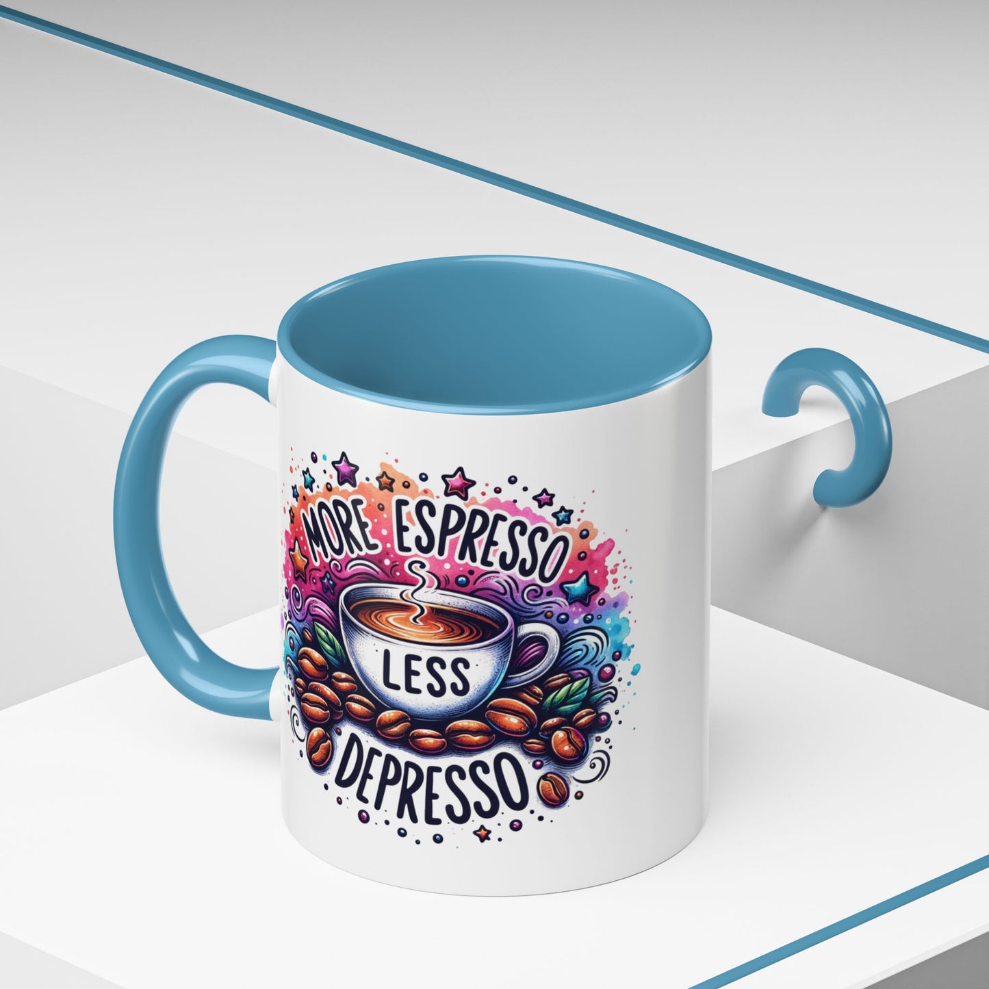 Cute Coffee Mug More Expresso Less Depresso 11 oz and 15 oz Mug with Accent Colors