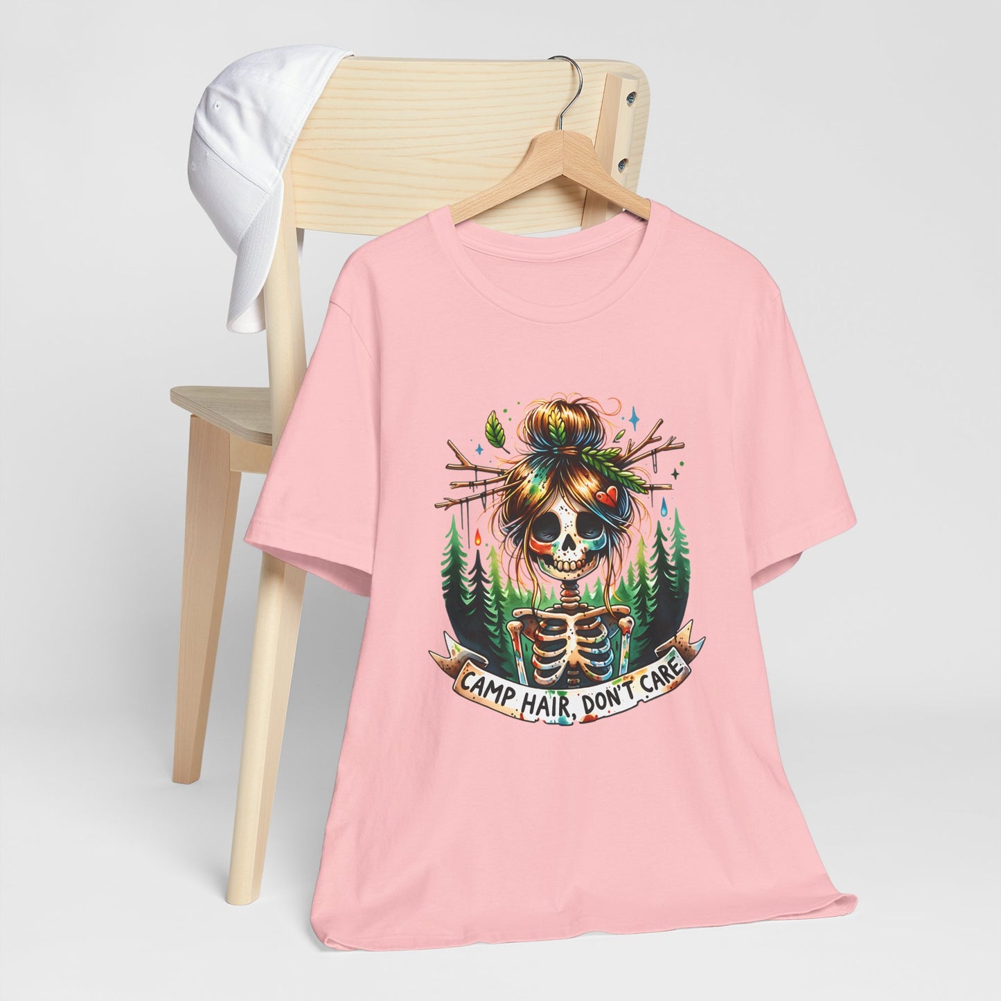 Camp Hair Don't Care Skull T-Shirt, Casual Summer Shirt, Hiking Apparel, Outdoor Fun Gift, Festival Top, Unisex Graphic Tee