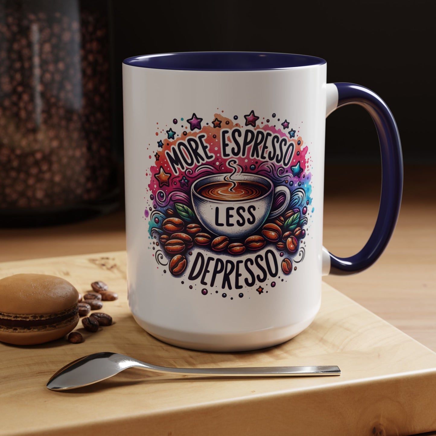 Cute Coffee Mug More Expresso Less Depresso 11 oz and 15 oz Mug with Accent Colors