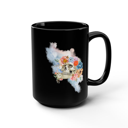 Gothic Floral Skull 15oz Mug Vintage Boho Skull Watercolor Goth Graphic Mug Floral Skull Mug with Crow Floral Skull Black Mug, 15oz Coffee Cup Gothic Home Decor Halloween Gift