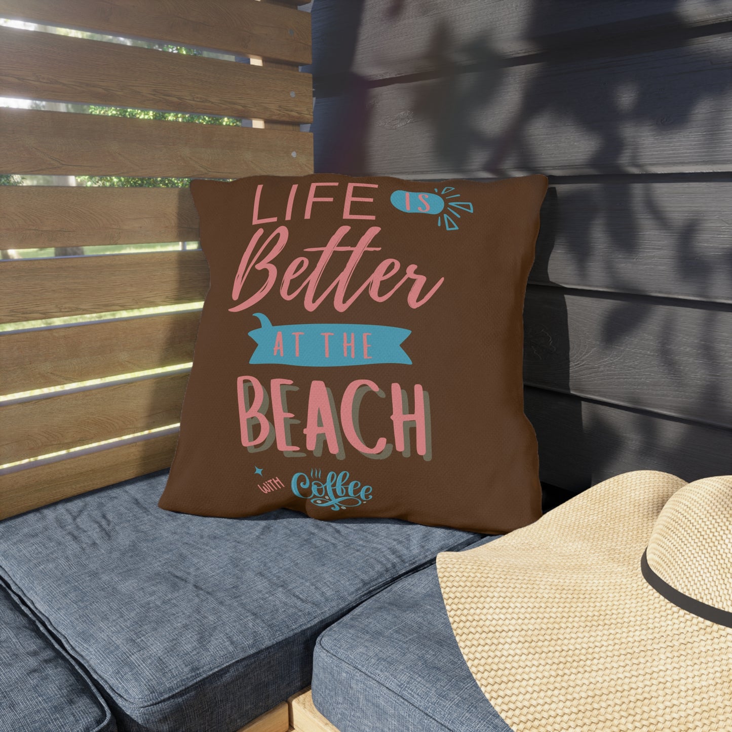 Cute Outdoor Pillow Beach Life Summer Decor, Beach House Gift, Coffee Lovers Pillow, Patio Cushion, Coastal Living