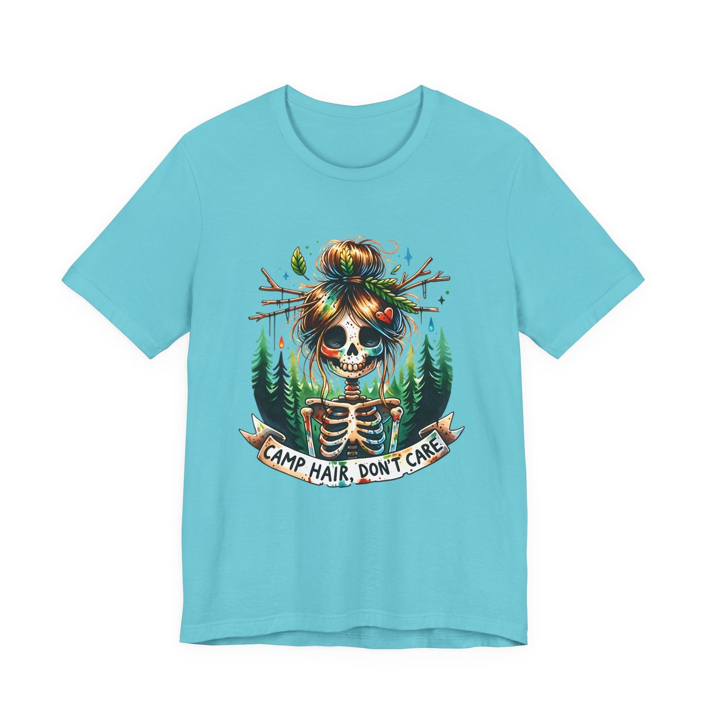 Camp Hair Don't Care Skull T-Shirt, Casual Summer Shirt, Hiking Apparel, Outdoor Fun Gift, Festival Top, Unisex Graphic Tee