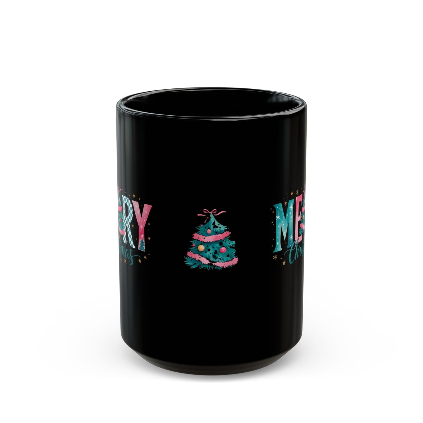 Merry Christmas Black Mug – Festive Tree Holiday Coffee Cup 15oz