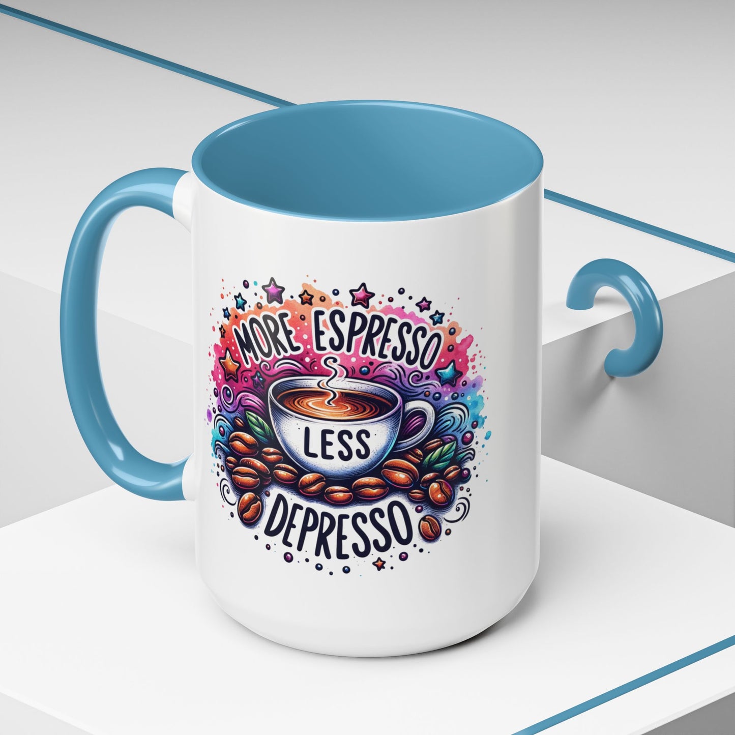 Cute Coffee Mug More Expresso Less Depresso 11 oz and 15 oz Mug with Accent Colors