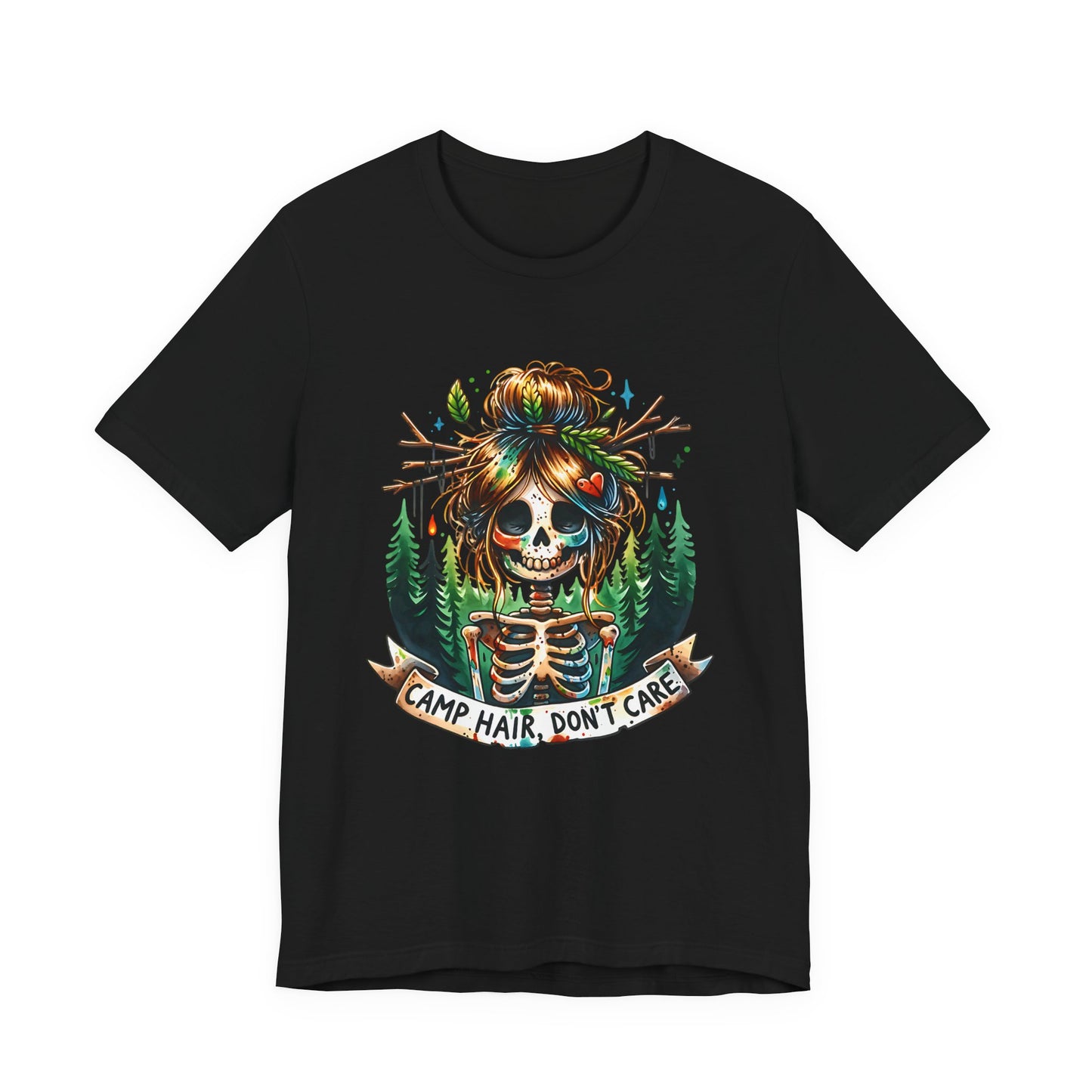 Camp Hair Don't Care Skull T-Shirt, Casual Summer Shirt, Hiking Apparel, Outdoor Fun Gift, Festival Top, Unisex Graphic Tee
