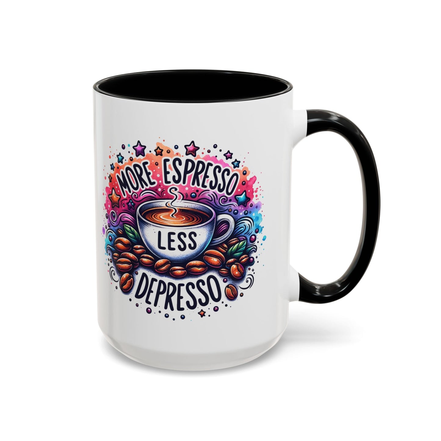 Cute Coffee Mug More Expresso Less Depresso 11 oz and 15 oz Mug with Accent Colors