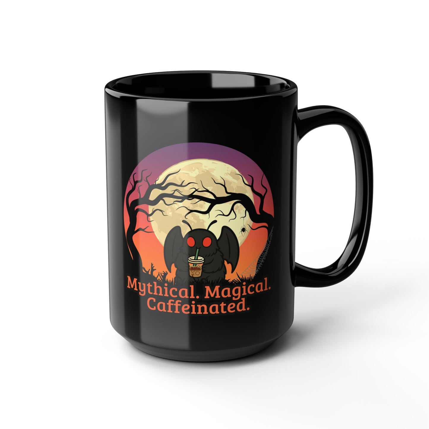 Cute Mothman Mythical Magical Caffeinated 15oz Black Mug Cryptid Halloween Gift Witchy Drinkware Spooky Kitchen Decor