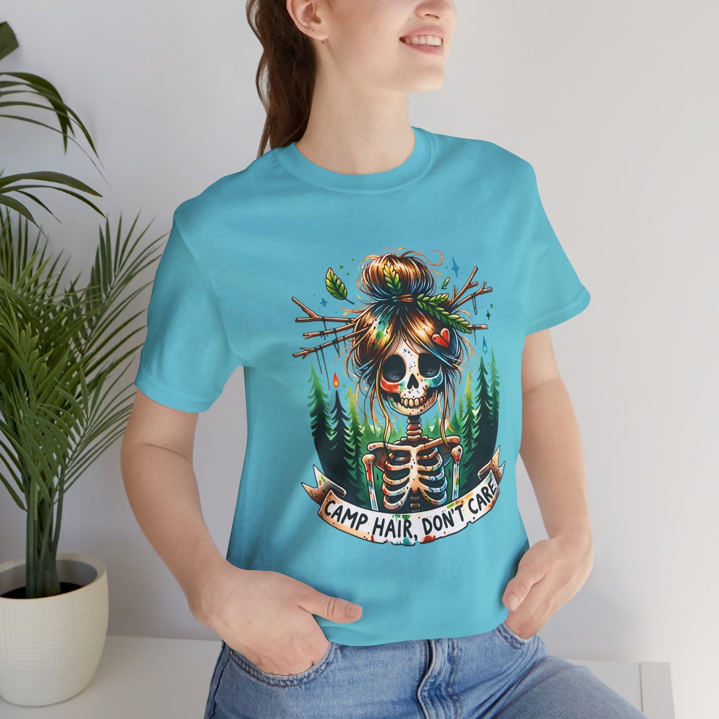 Camp Hair Don't Care Skull T-Shirt, Casual Summer Shirt, Hiking Apparel, Outdoor Fun Gift, Festival Top, Unisex Graphic Tee