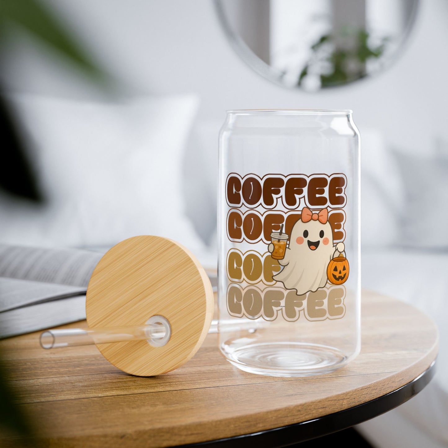 Cute Ghost Coffee Sipper Glass 16oz, Halloween Drinkware Reusable Beverage Jar Unique Gift Home Decor