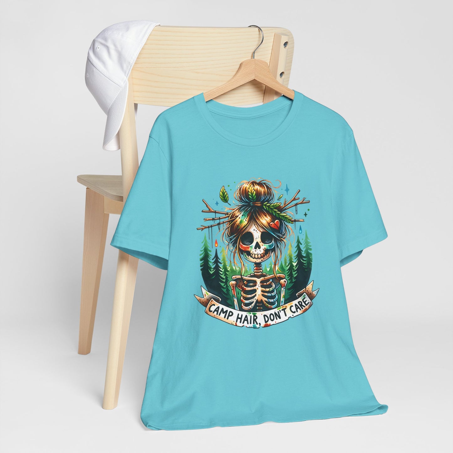 Camp Hair Don't Care Skull T-Shirt, Casual Summer Shirt, Hiking Apparel, Outdoor Fun Gift, Festival Top, Unisex Graphic Tee