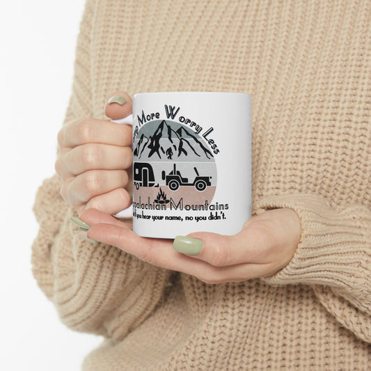 Appalachian Mountains Cryptid Camping Mug 11oz 15oz Adventure Camping Mug, Great for Outdoor Lovers, Funny Camping Gift, RV and Travel Mugs, Nature Enthusiast Gift
