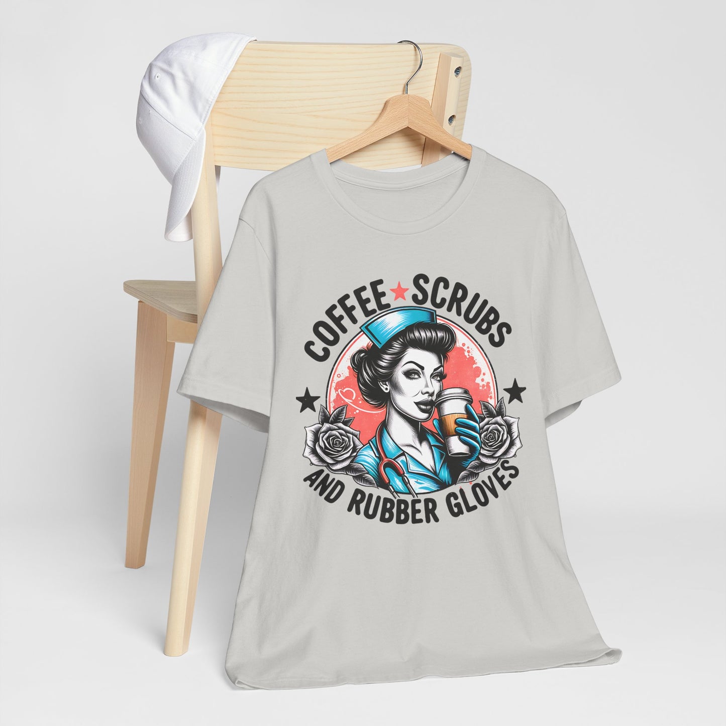 Coffee Scrubs and Rubber Gloves Bella Canvas Tee Fun Medical Profession Shirt, Gift for Nurses, Healthcare Workers, Birthday, Medical Humor