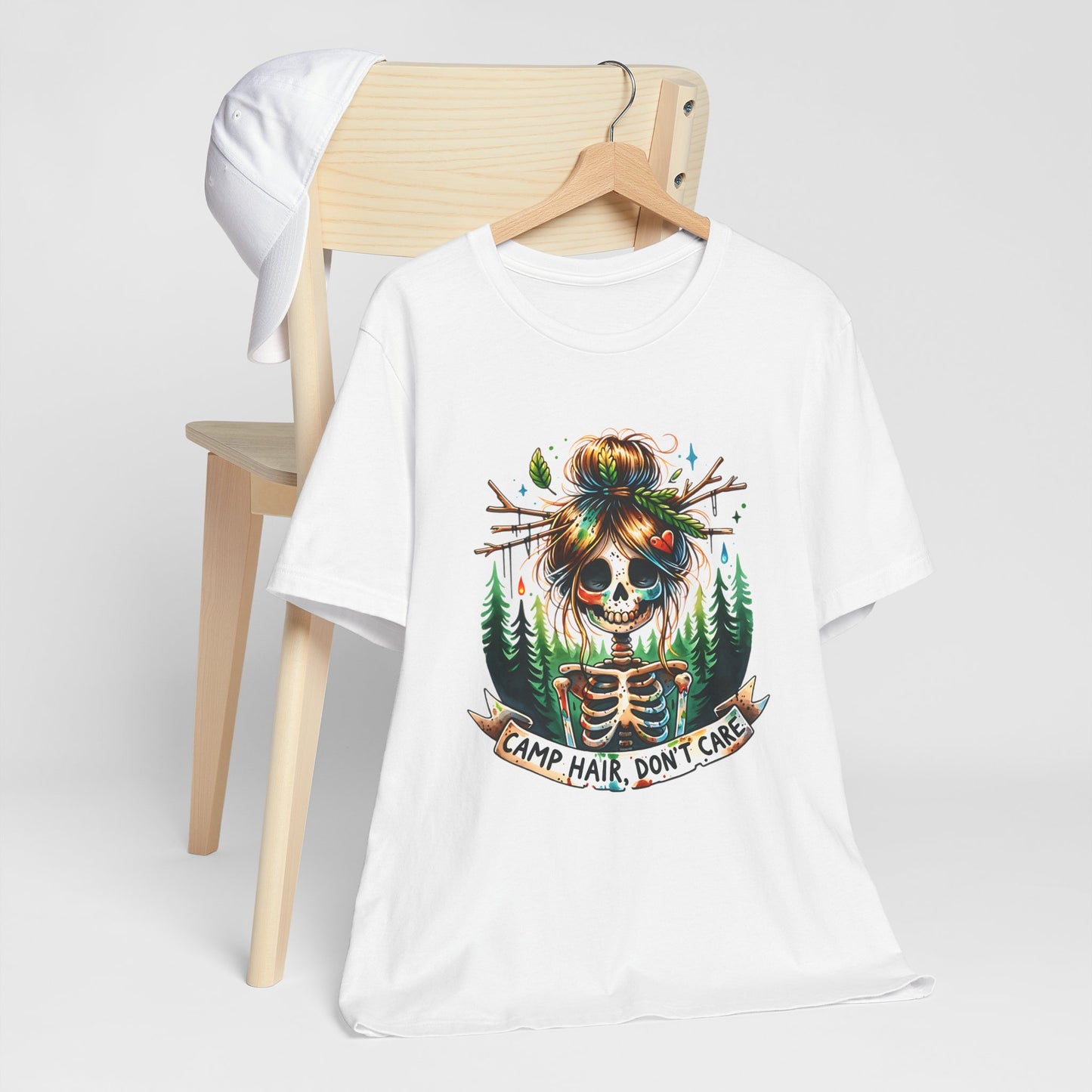 Camp Hair Don't Care Skull T-Shirt, Casual Summer Shirt, Hiking Apparel, Outdoor Fun Gift, Festival Top, Unisex Graphic Tee