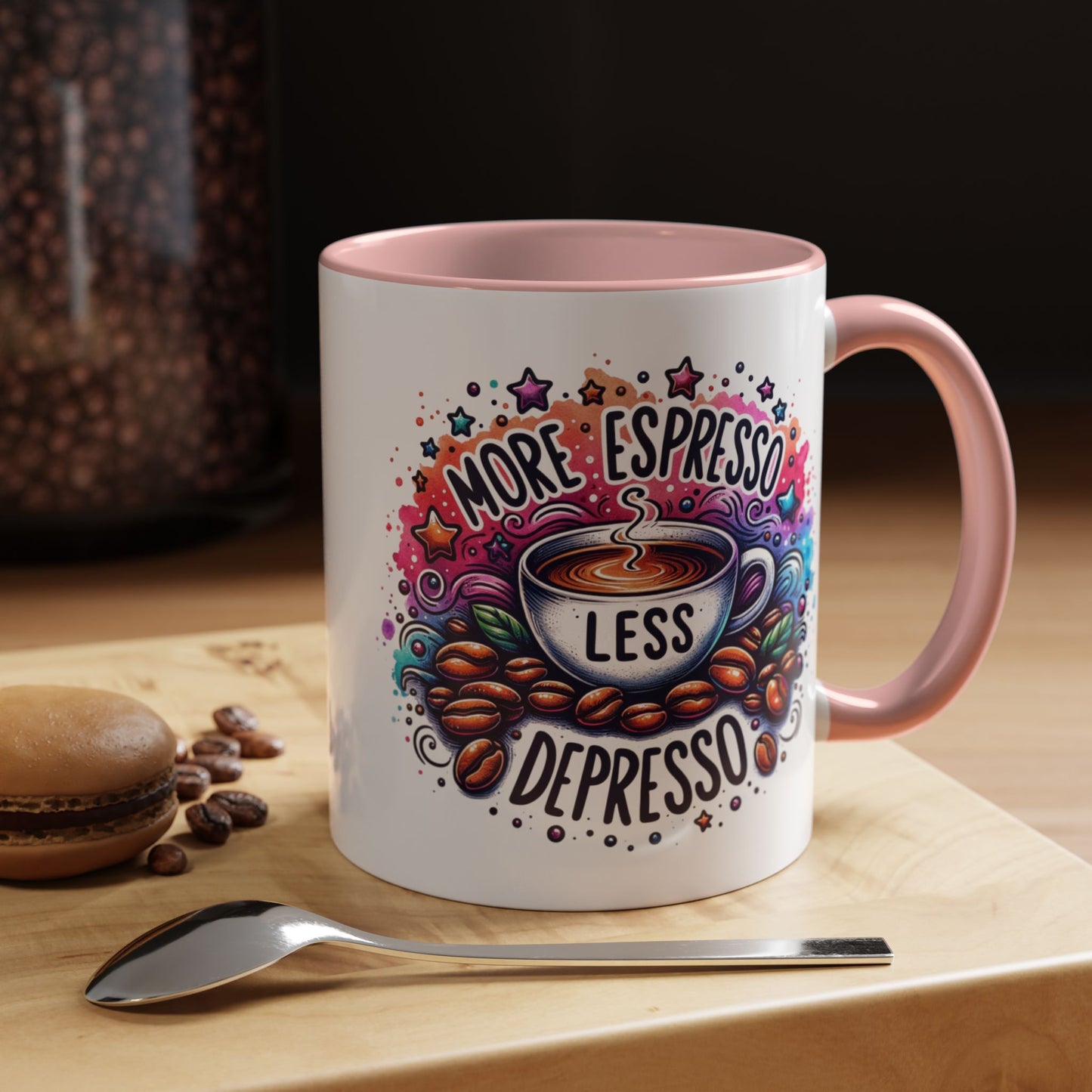 Cute Coffee Mug More Expresso Less Depresso 11 oz and 15 oz Mug with Accent Colors