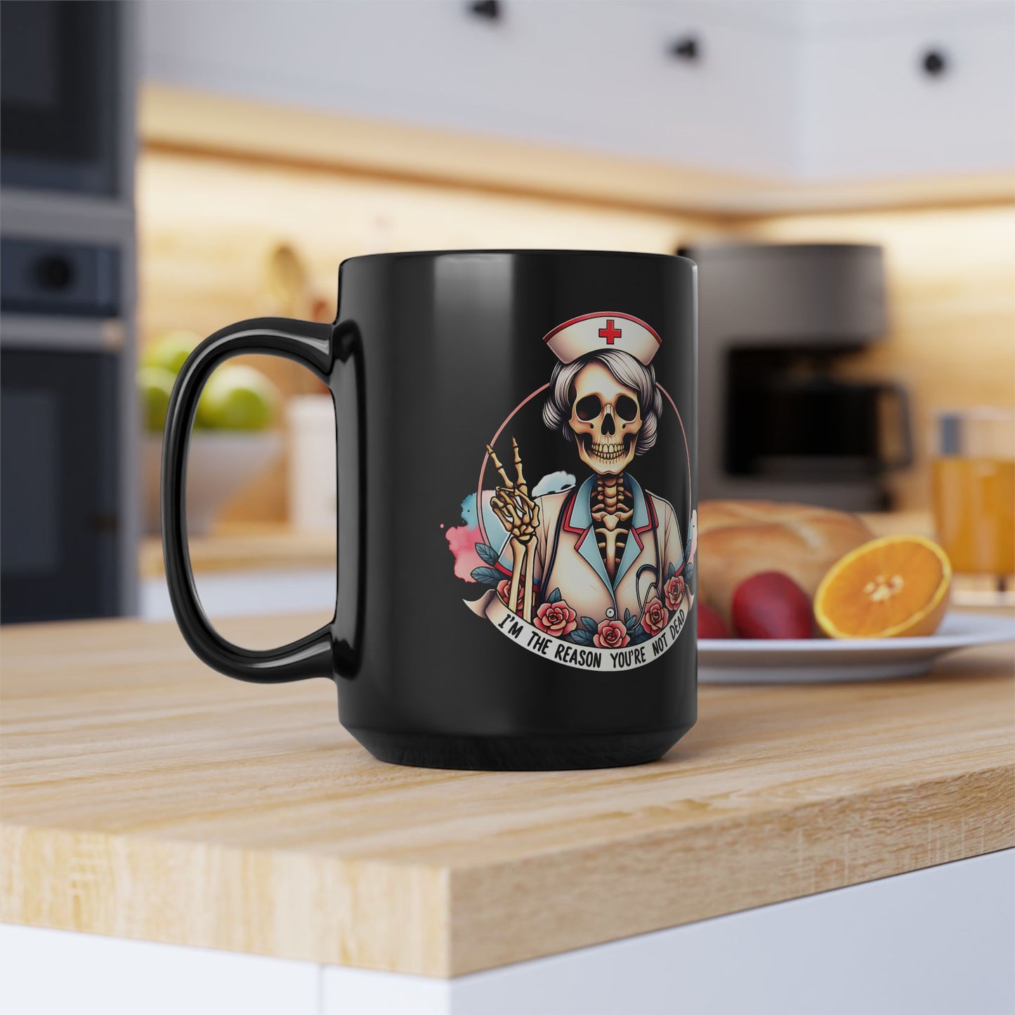 I'm the Reason You Aren't Dead Black 15oz Coffee Cup | Unique Art Gift for Halloween | Medical Humor for Nurses | Spooky Decor