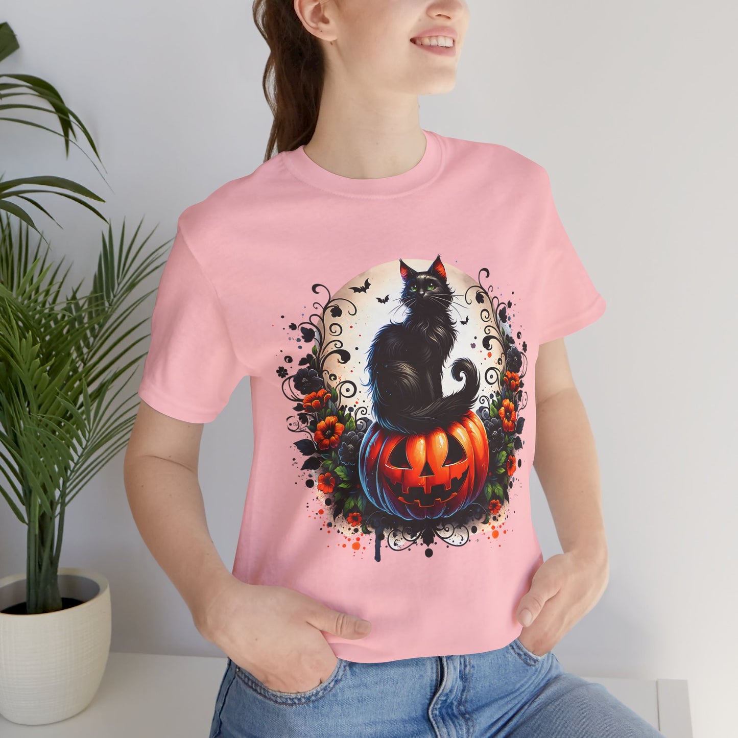 Halloween Black Cat T-Shirt, Unisex Jersey Short Sleeve Shirt, Spooky Fall Fashion, Cat Lover Gift, Autumn Celebrations, Halloween Shirt