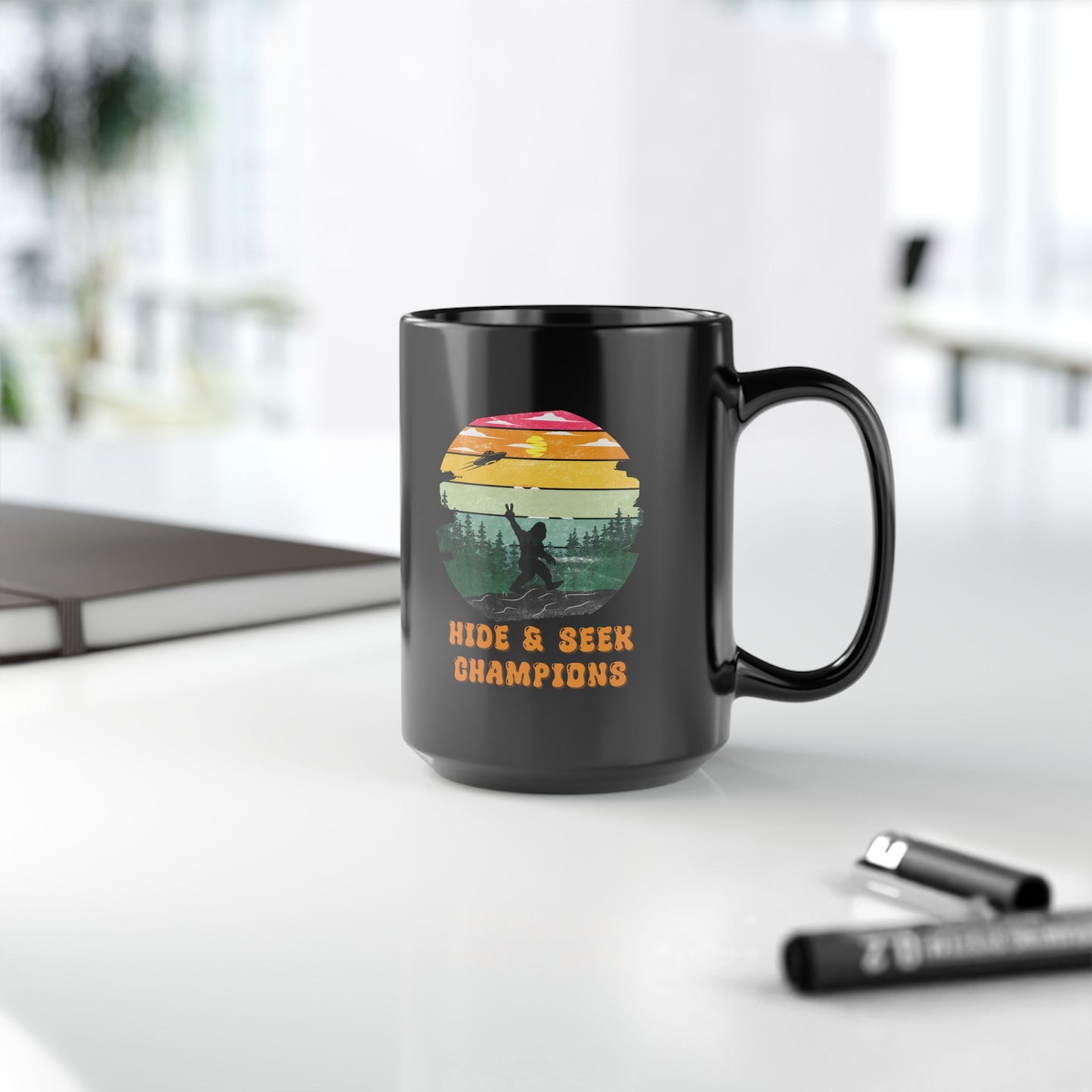 Retro Bigfoot Mug Funny Hide and Seek Champion Graphic 15 oz Sasquatch Silhouette Sunset Forest Cup Vintage Cryptid Lover Gift