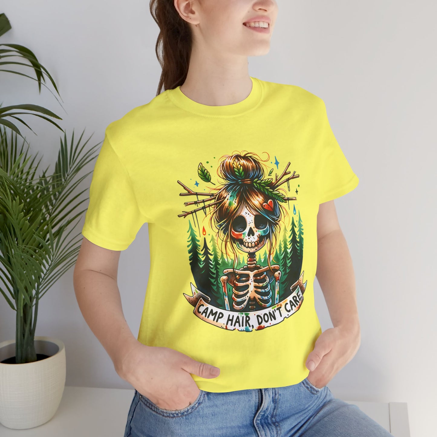 Camp Hair Don't Care Skull T-Shirt, Casual Summer Shirt, Hiking Apparel, Outdoor Fun Gift, Festival Top, Unisex Graphic Tee