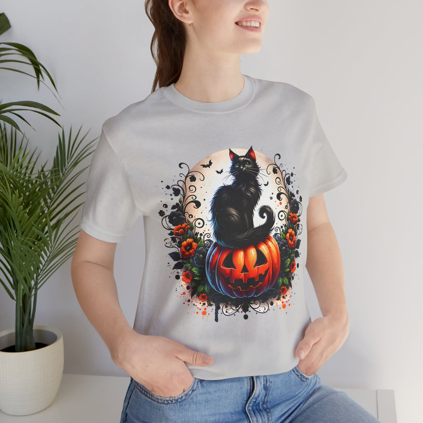 Halloween Black Cat T-Shirt, Unisex Jersey Short Sleeve Shirt, Spooky Fall Fashion, Cat Lover Gift, Autumn Celebrations, Halloween Shirt