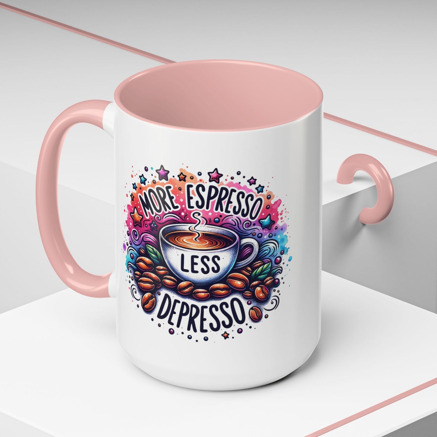 Cute Coffee Mug More Expresso Less Depresso 11 oz and 15 oz Mug with Accent Colors