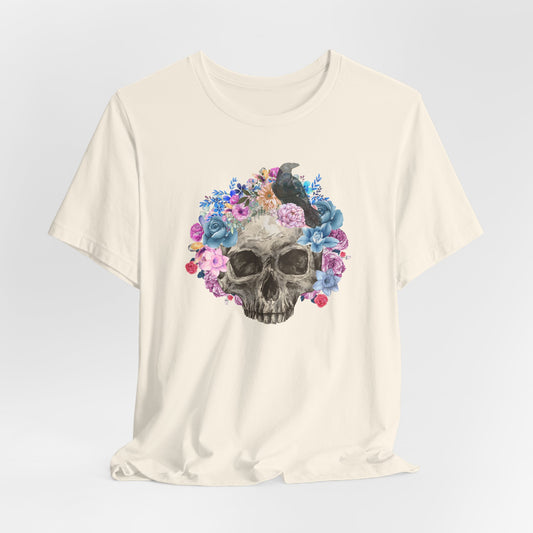 Gothic Floral Skull T-Shirt Vintage Boho Skull Watercolor Goth Graphic Tee Floral Skull Tee with Crow