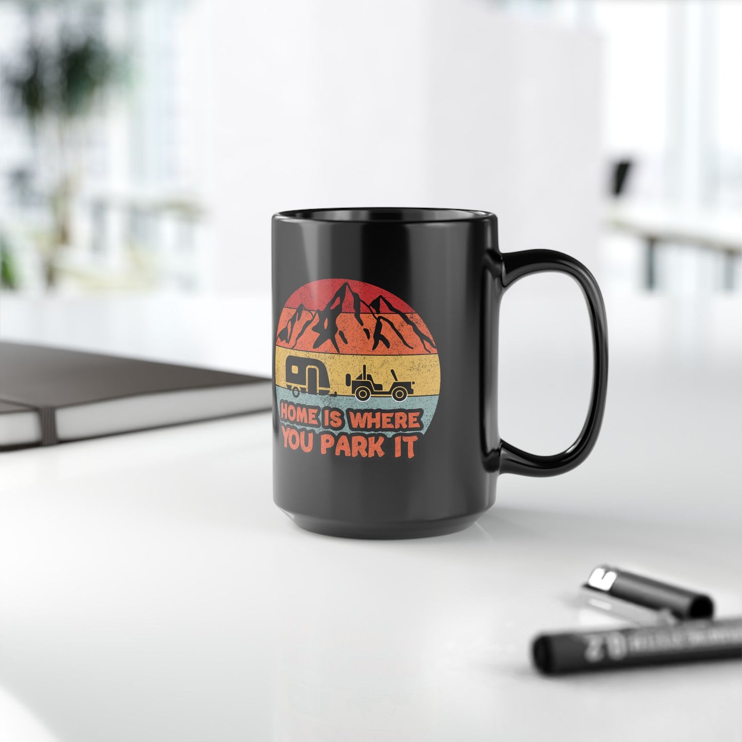 Home is Where You Park It Camping Mug Jeep Adventure 15 oz Black Coffee Mug Gift for RV Lovers Unique Travel Coffee Cup Outdoor Lifestyle Mug Vintage Camper Mug