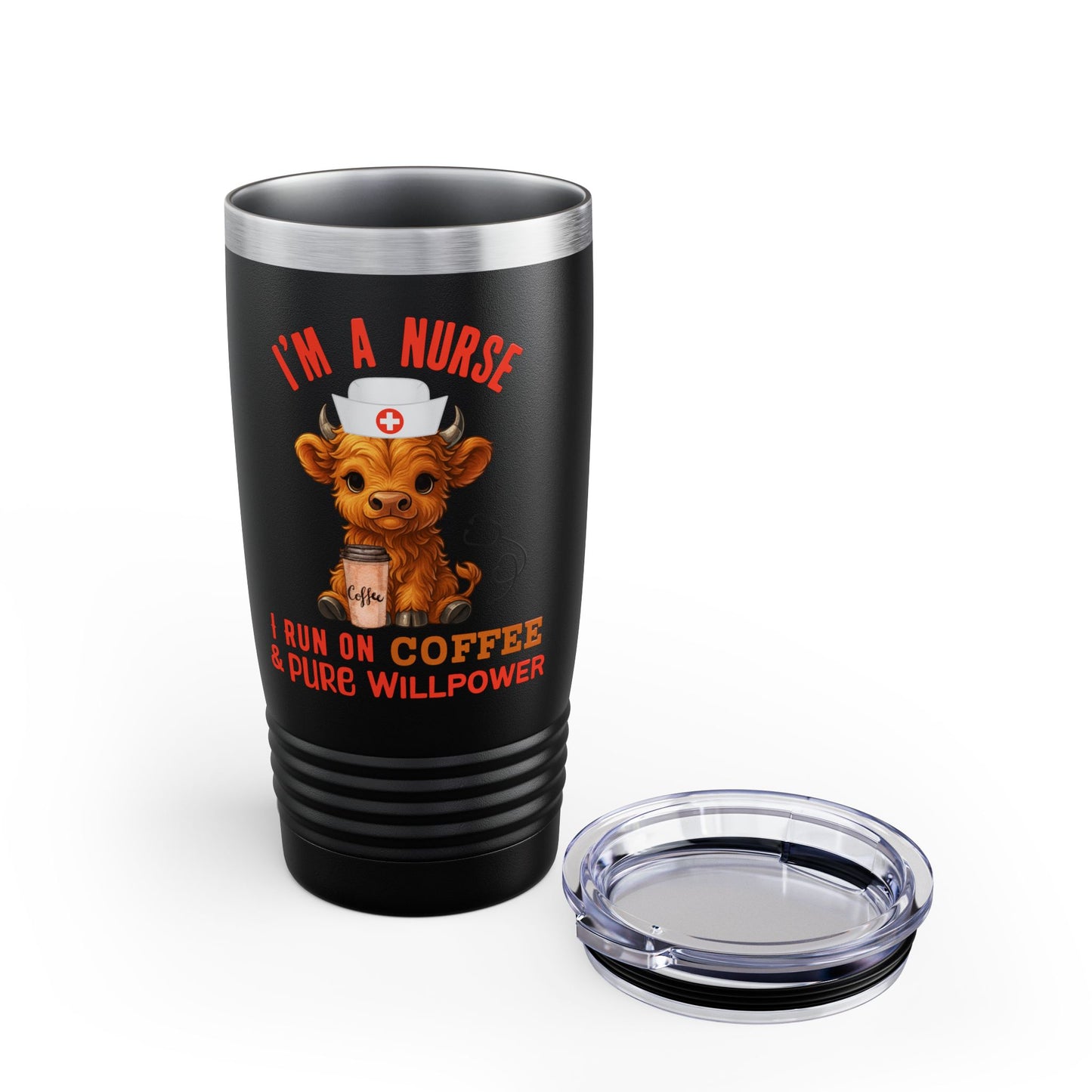 Highland Cow Tumbler I'm a Nurse, I run on Coffee and Pure Willpower 20oz Travel Mug
