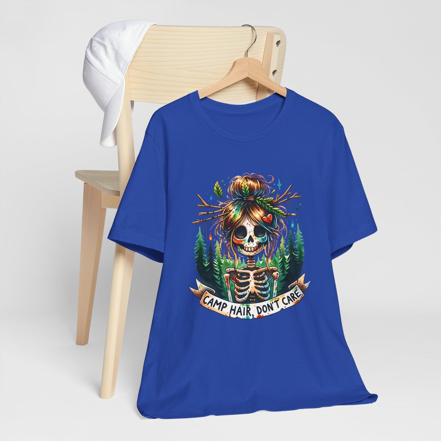 Camp Hair Don't Care Skull T-Shirt, Casual Summer Shirt, Hiking Apparel, Outdoor Fun Gift, Festival Top, Unisex Graphic Tee