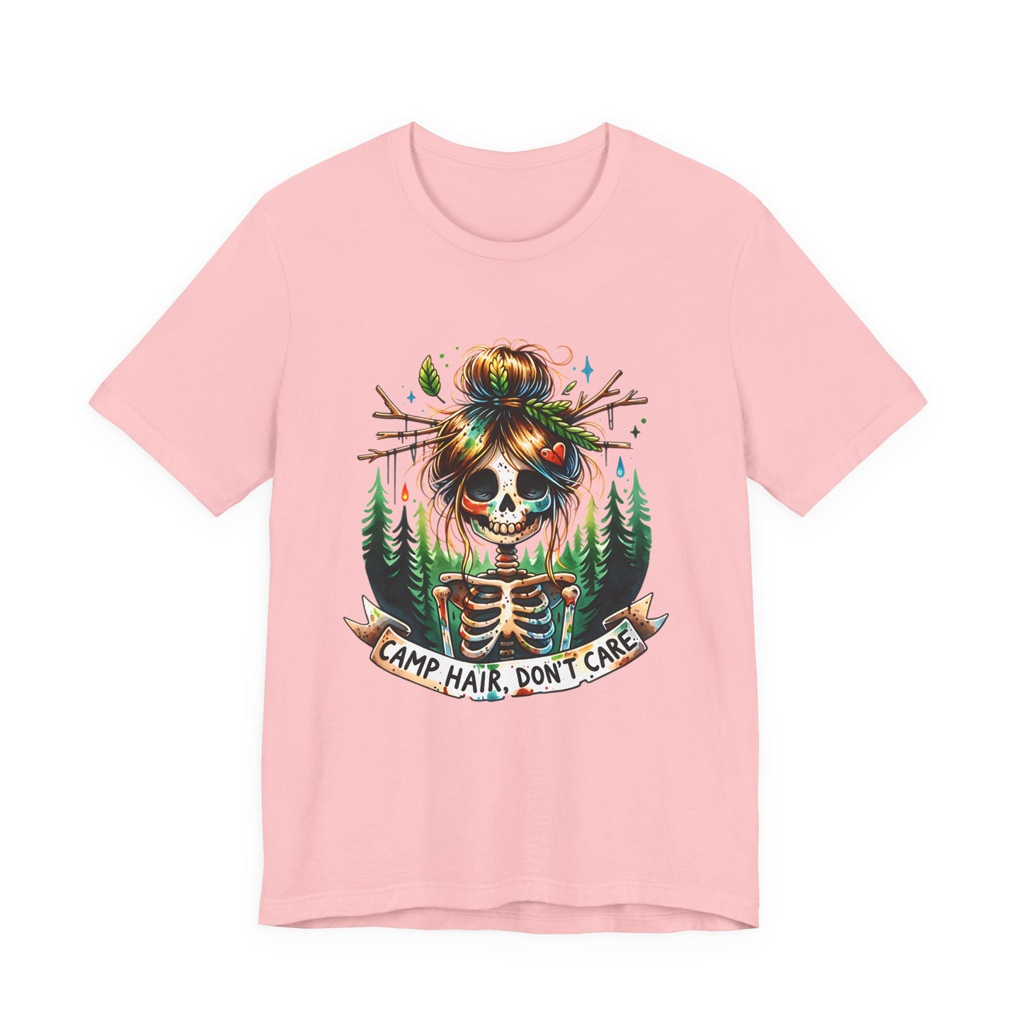 Camp Hair Don't Care Skull T-Shirt, Casual Summer Shirt, Hiking Apparel, Outdoor Fun Gift, Festival Top, Unisex Graphic Tee