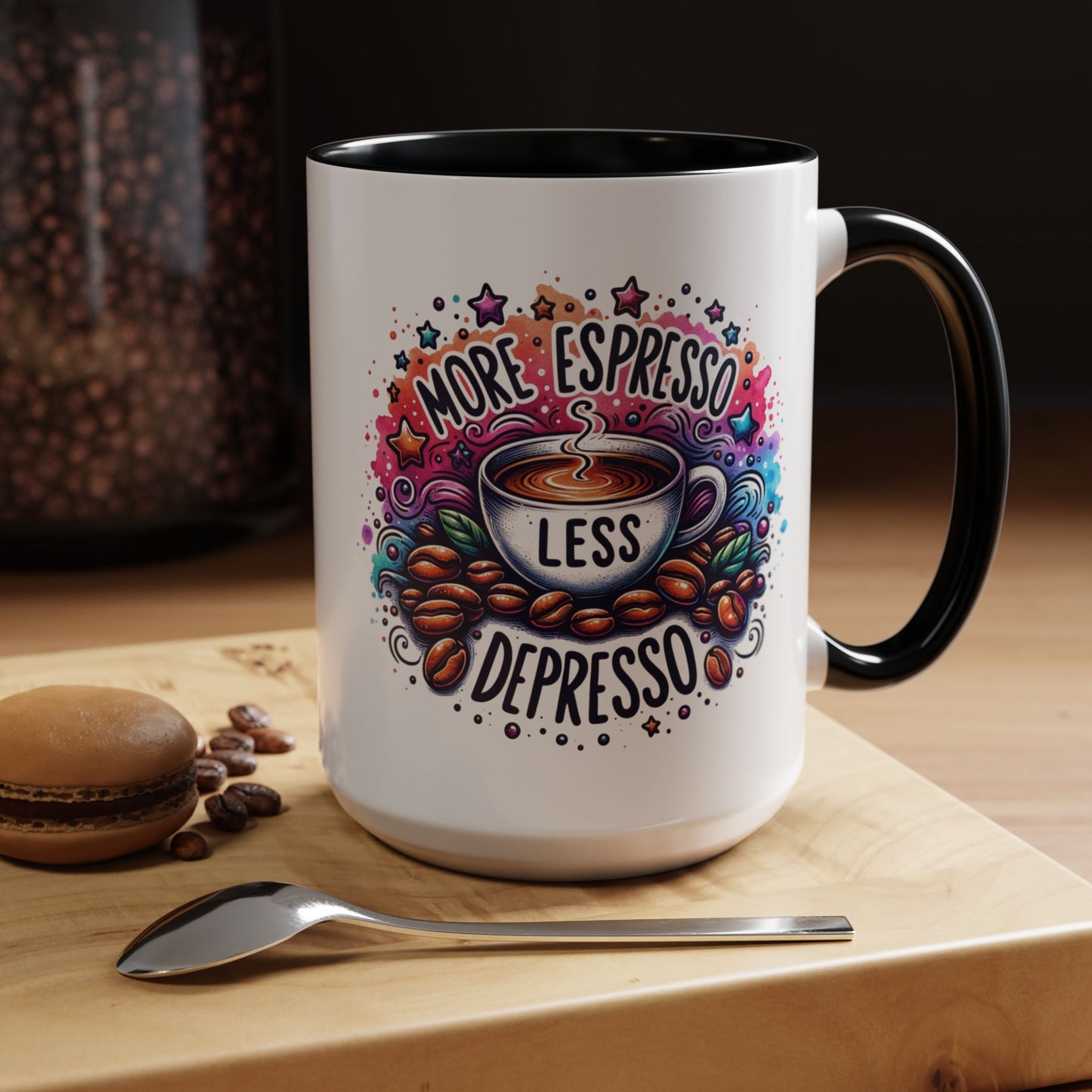 Cute Coffee Mug More Expresso Less Depresso 11 oz and 15 oz Mug with Accent Colors