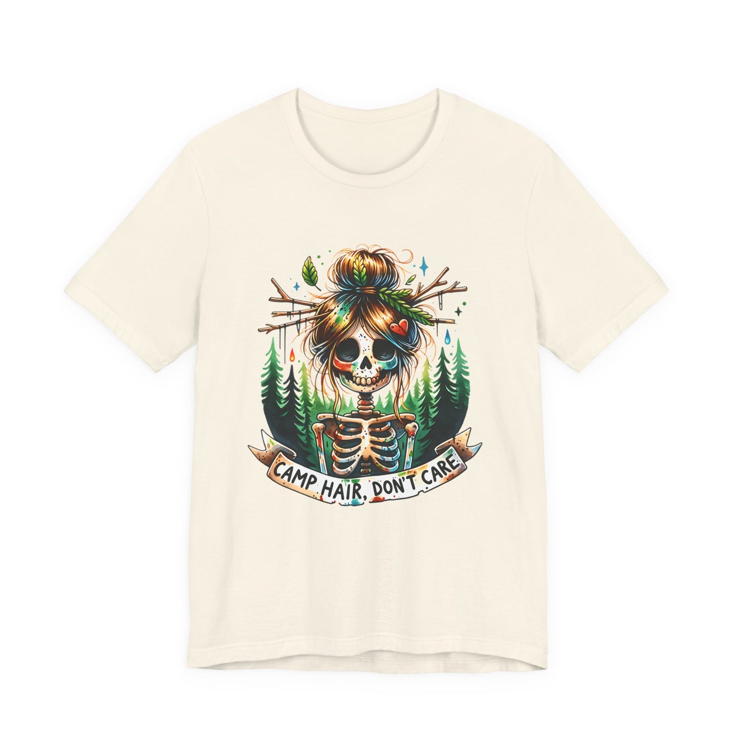Camp Hair Don't Care Skull T-Shirt, Casual Summer Shirt, Hiking Apparel, Outdoor Fun Gift, Festival Top, Unisex Graphic Tee